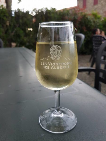 Foto glas witte wijn terras Frankrijk Les Vignerons des Albères